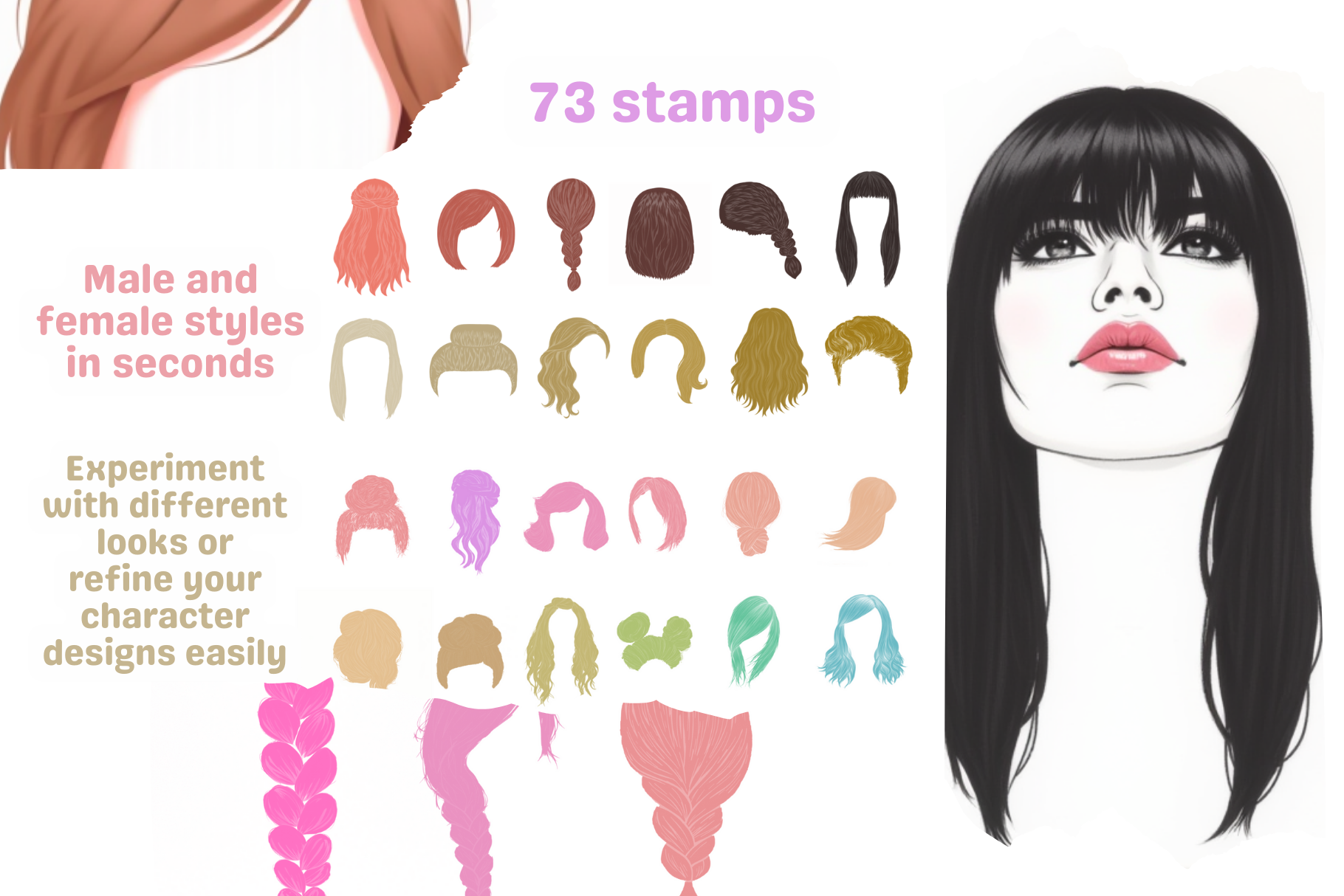 Procreate Hair Stamp Collection – 73 Hair Stamps for Art - Cozy Brushery