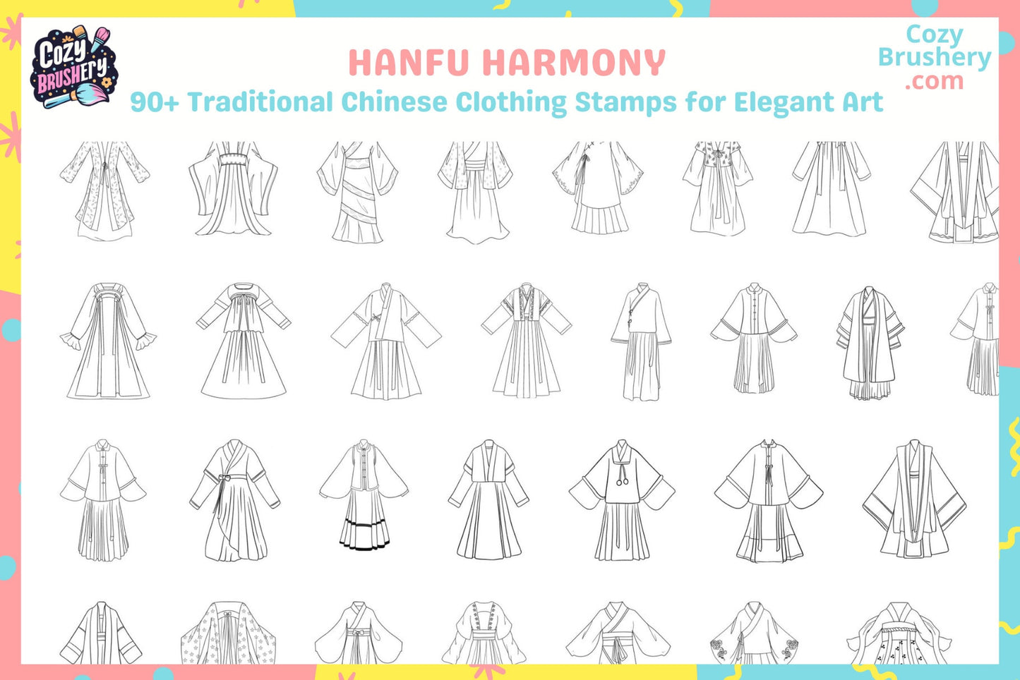 Procreate Hanfu Stamps for Traditional Chinese Clothing Art - Cozy Brushery