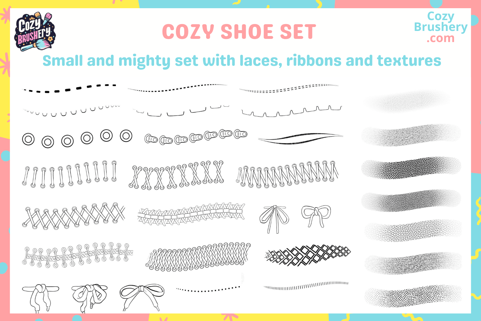 Procreate Shoe Brushes and stamps - Clothing Laces, ribbons, stitches, leather textures for sneakers and boots - Cozy Brushery