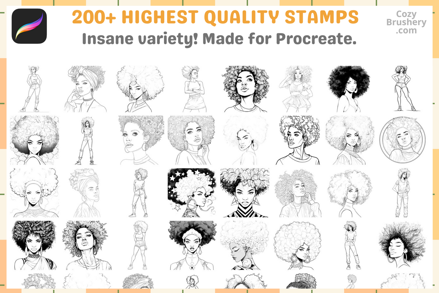 Procreate Stamps – 200 Afro Woman Stamps for Art - Cozy Brushery