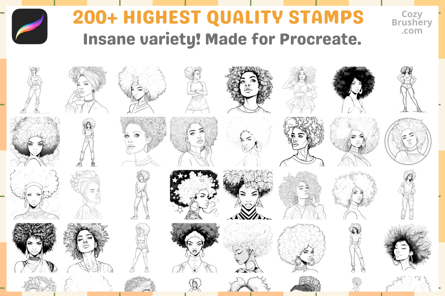 Procreate Stamps – 200 Afro Woman Stamps for Art - Cozy Brushery