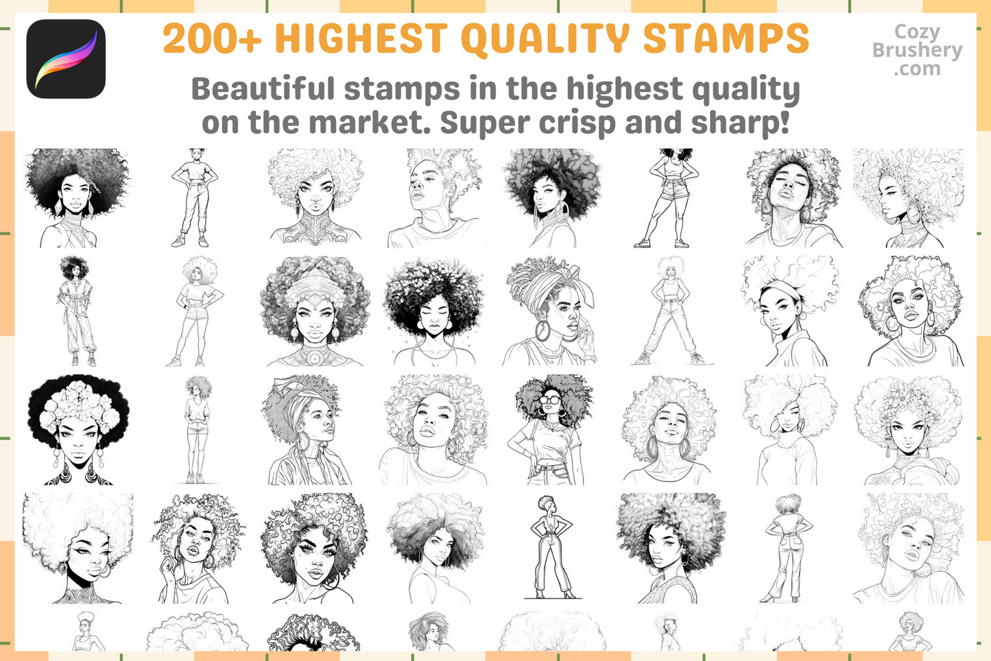 Procreate Stamps – 200 Afro Woman Stamps for Art - Cozy Brushery