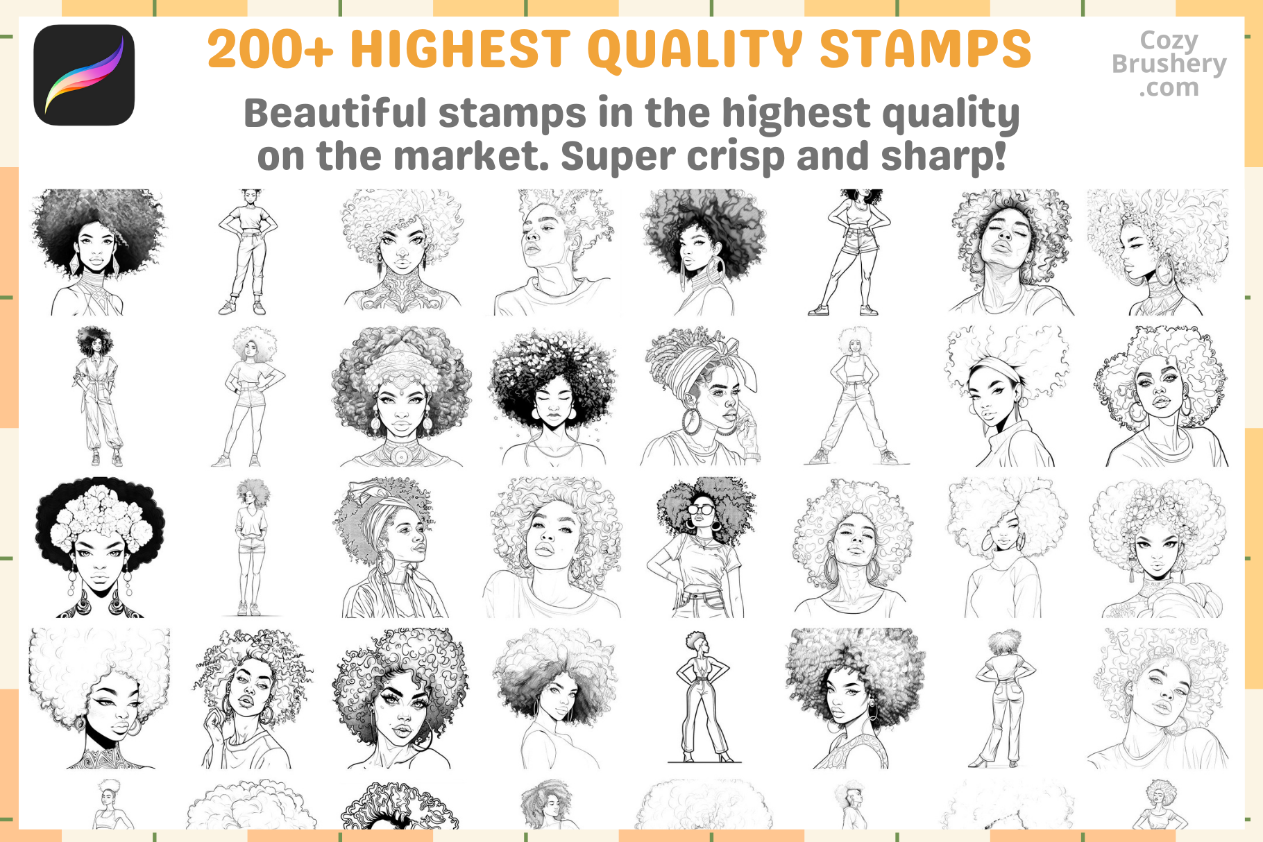 Procreate Stamps – 200 Afro Woman Stamps for Art - Cozy Brushery