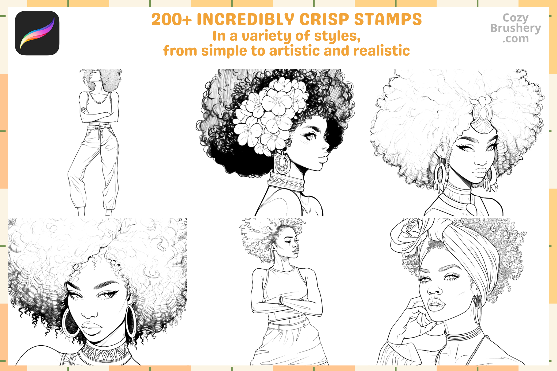 Procreate Stamps – 200 Afro Woman Stamps for Art - Cozy Brushery