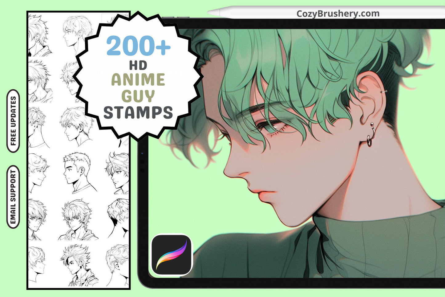 Procreate Stamps Anime Guy Head Pack 200 Plus Dynamic Stamps - Cozy Brushery