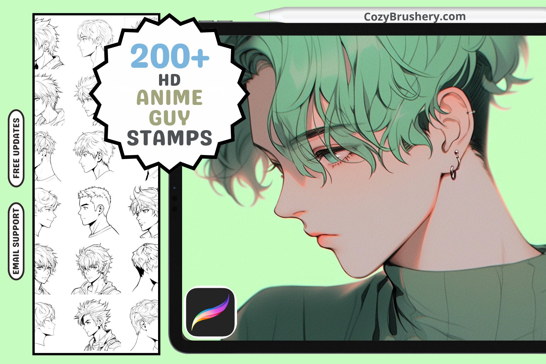 Procreate Stamps Anime Guy Head Pack 200 Plus Dynamic Stamps - Cozy Brushery