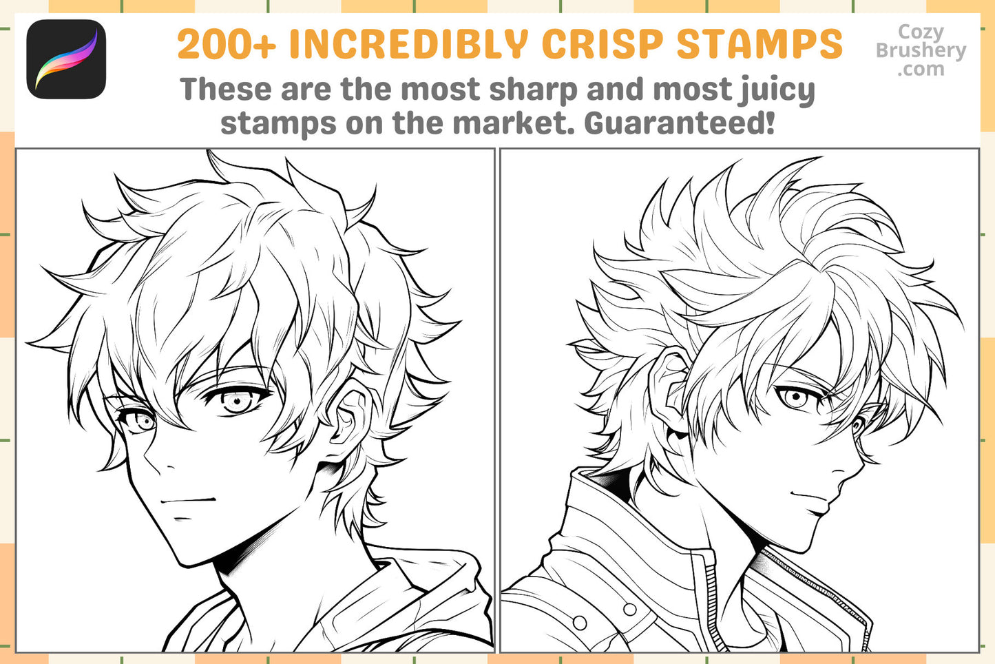 Procreate Stamps Anime Guy Head Pack 200 Plus Dynamic Stamps - Cozy Brushery
