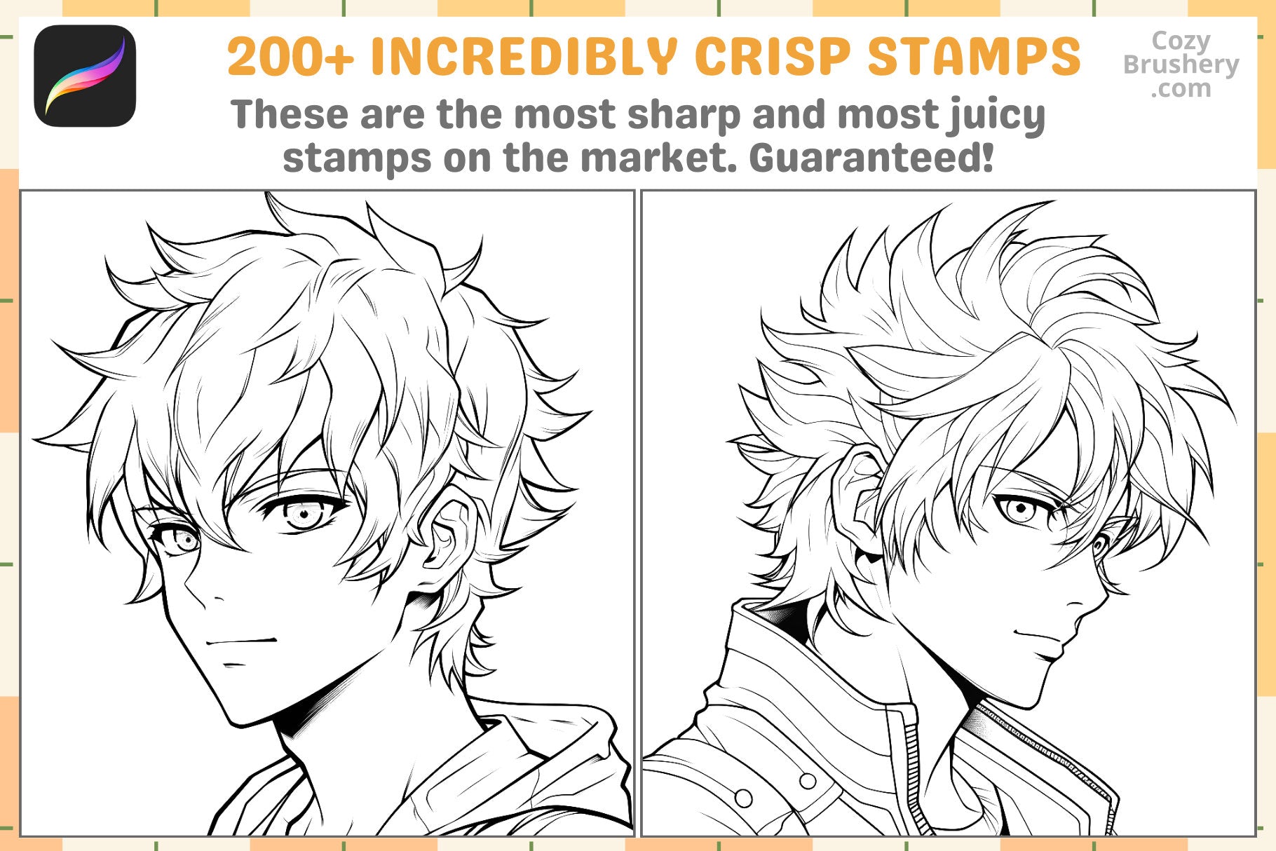 Procreate Stamps Anime Guy Head Pack 200 Plus Dynamic Stamps - Cozy Brushery