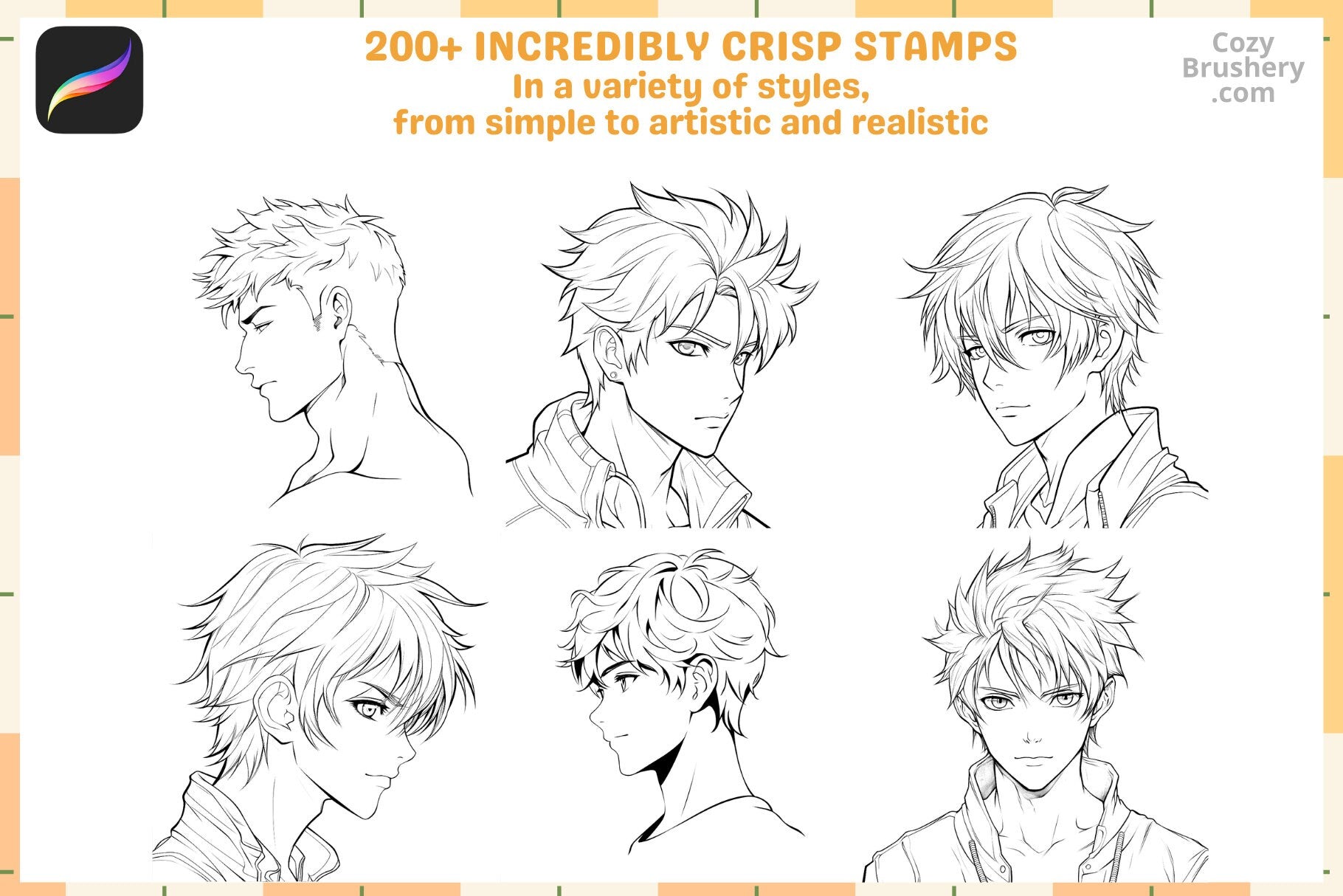 Procreate Stamps Anime Guy Head Pack 200 Plus Dynamic Stamps - Cozy Brushery