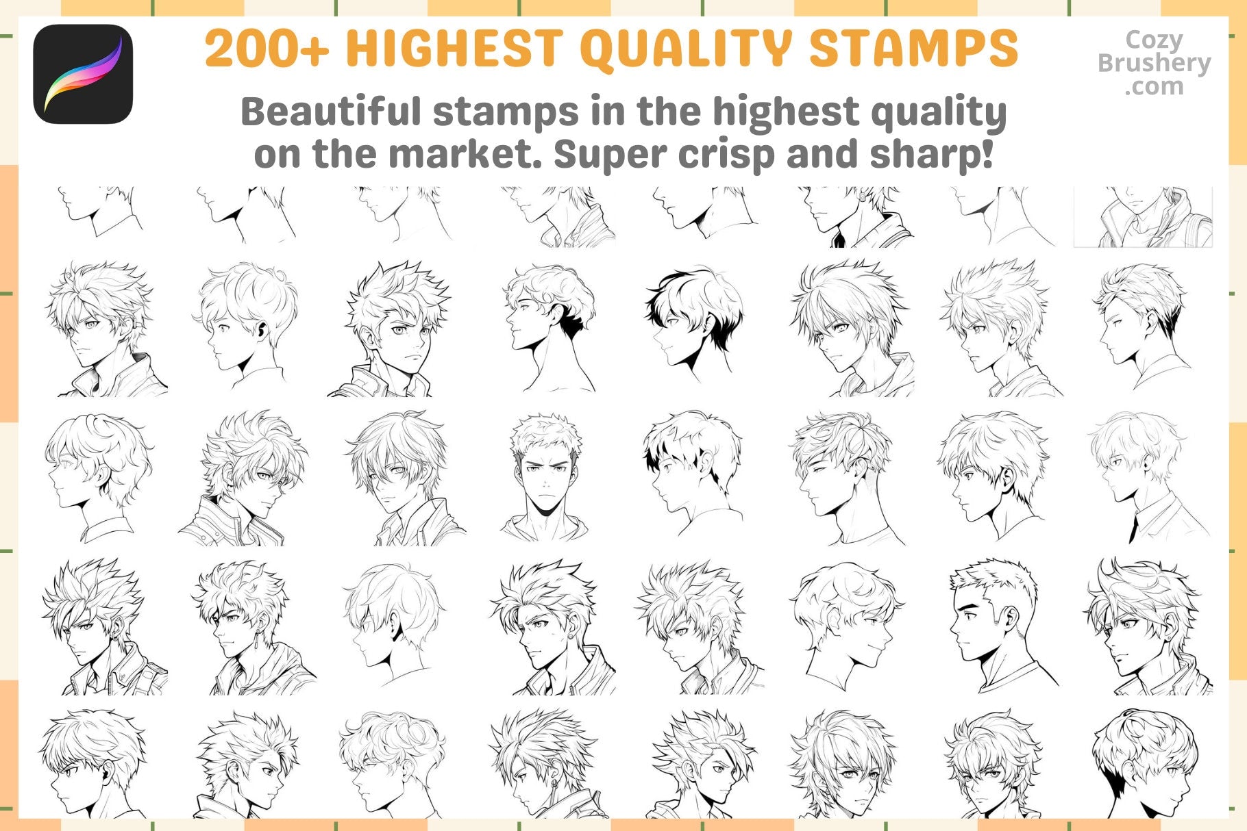 Procreate Stamps Anime Guy Head Pack 200 Plus Dynamic Stamps - Cozy Brushery
