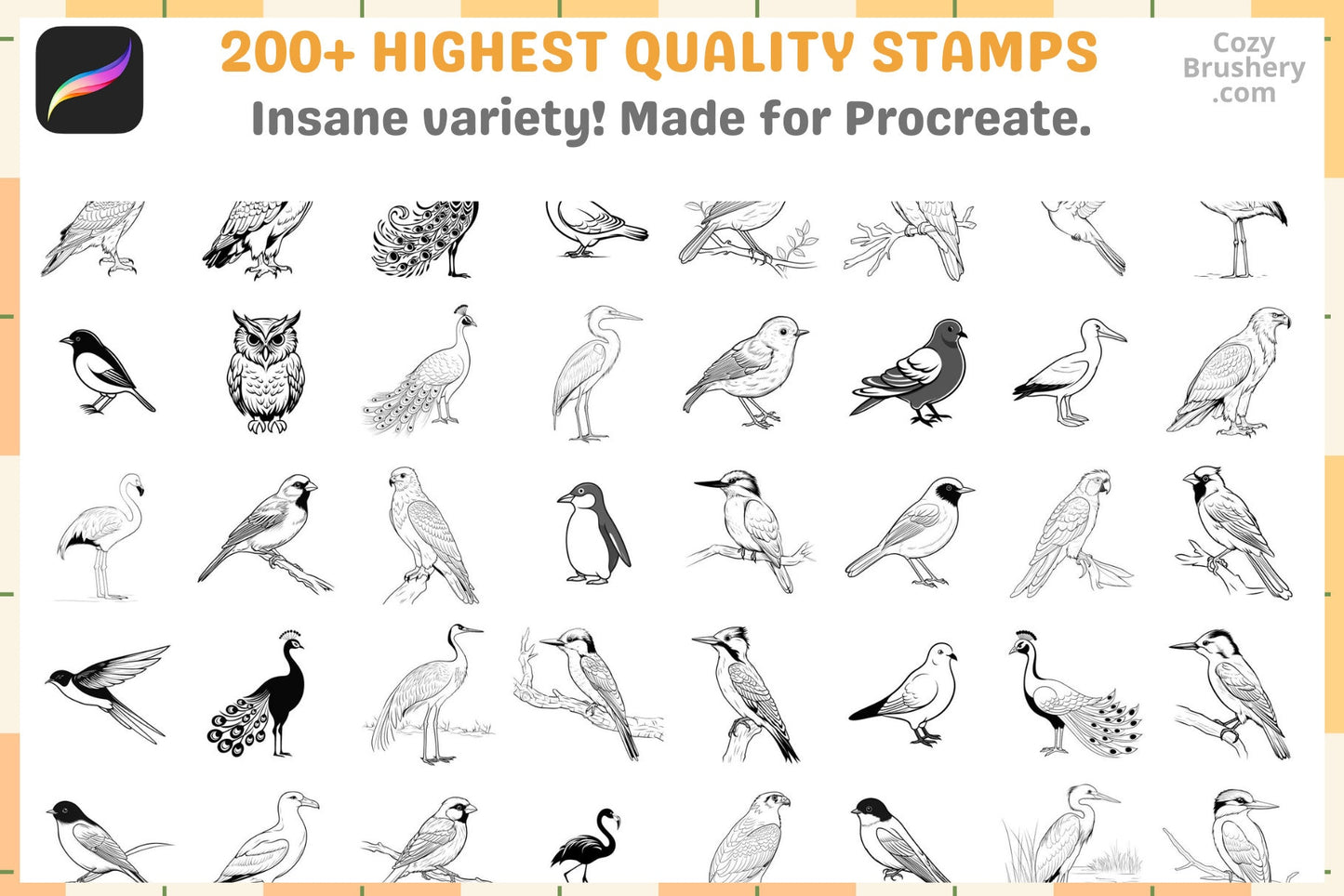 Procreate Stamps: Avian Adventure Pack with 200 Bird Stamps - Cozy Brushery