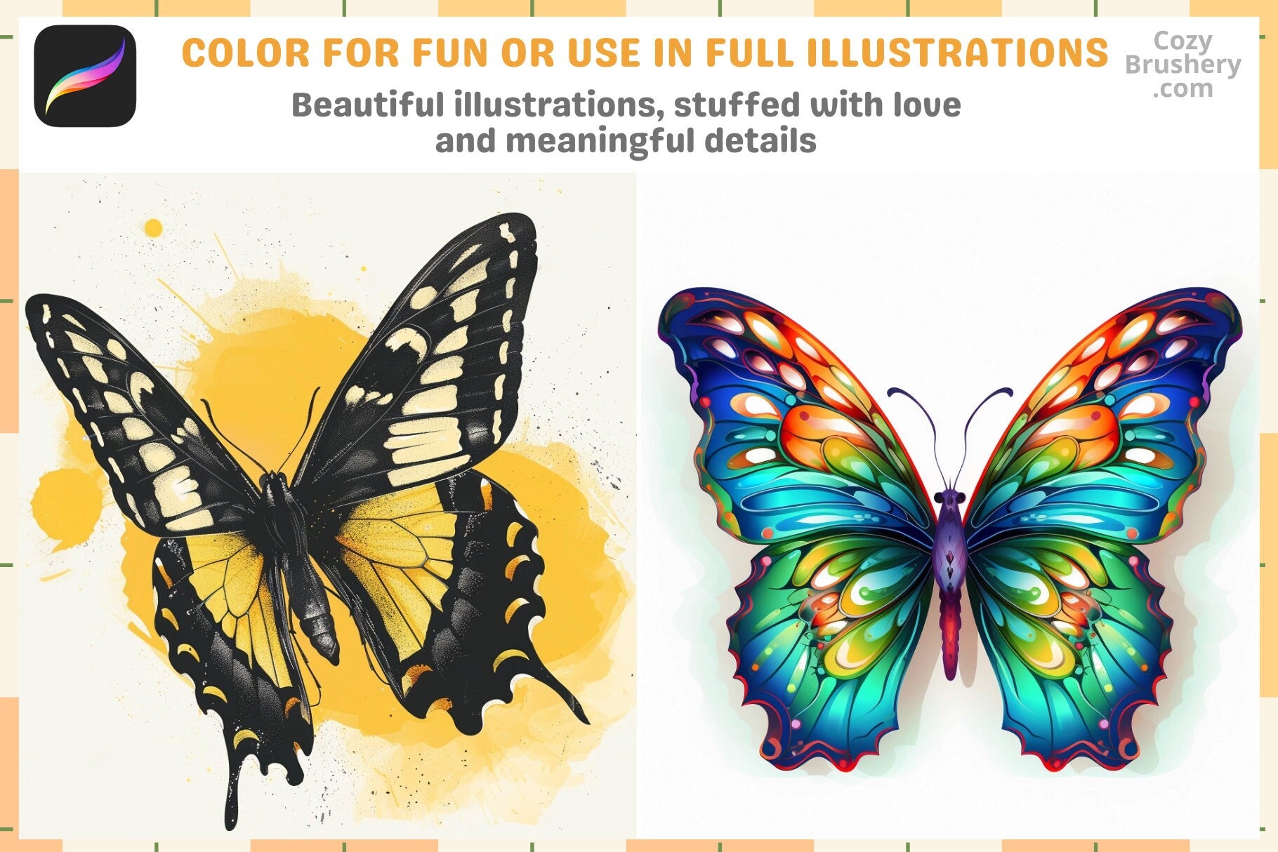 Procreate Stamps: Butterfly Bonanza 200 Plus Vibrant Designs - Cozy Brushery