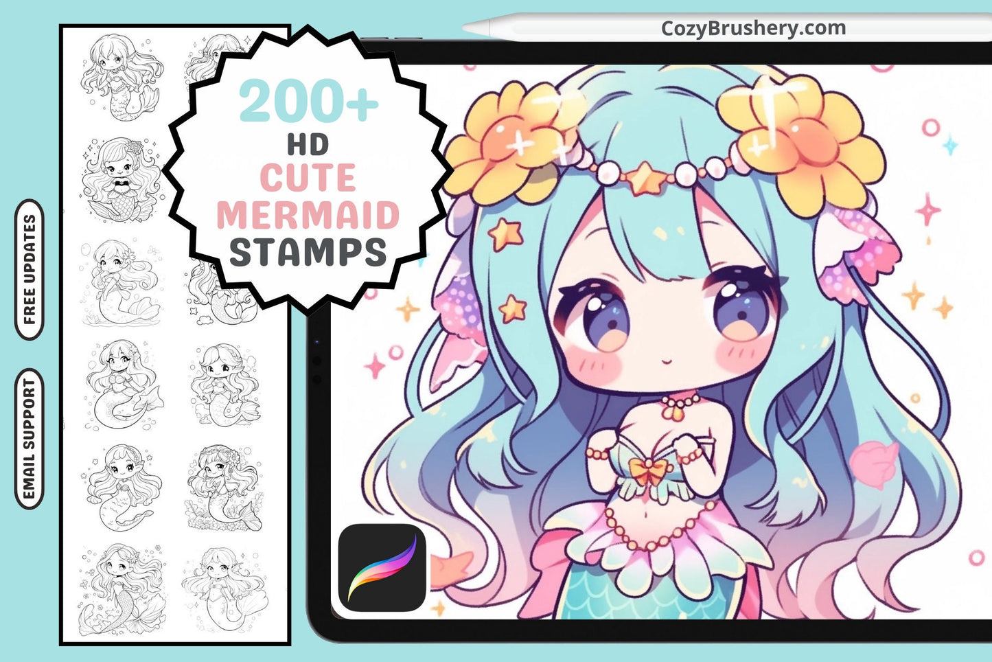 Procreate Stamps: Chibi Mermaid Magic Pack with 200+ Stamps - Cozy Brushery