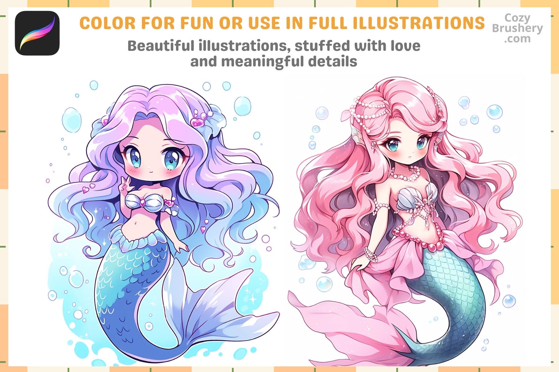 Procreate Stamps: Chibi Mermaid Magic Pack with 200+ Stamps - Cozy Brushery