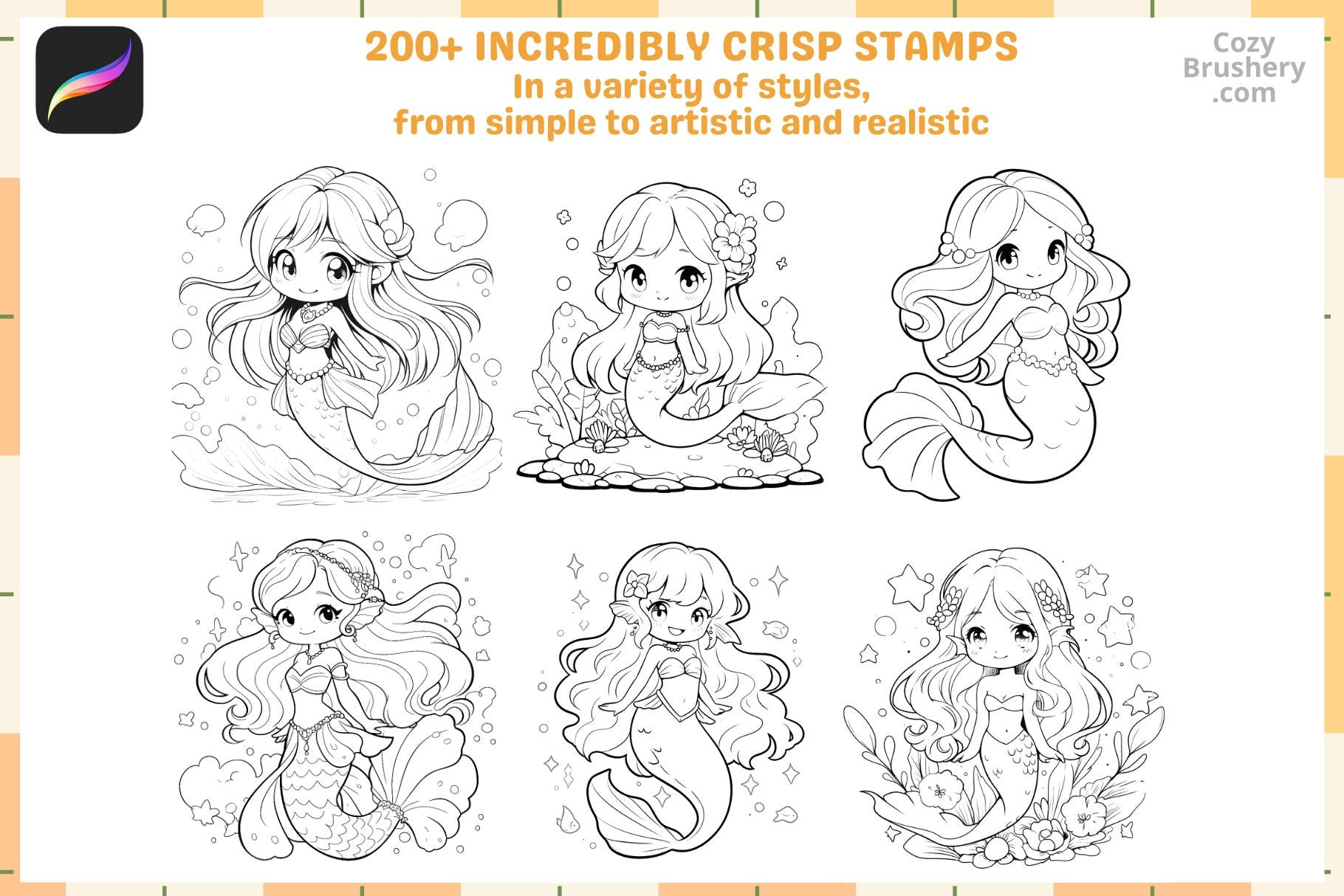 Procreate Stamps: Chibi Mermaid Magic Pack with 200+ Stamps - Cozy Brushery