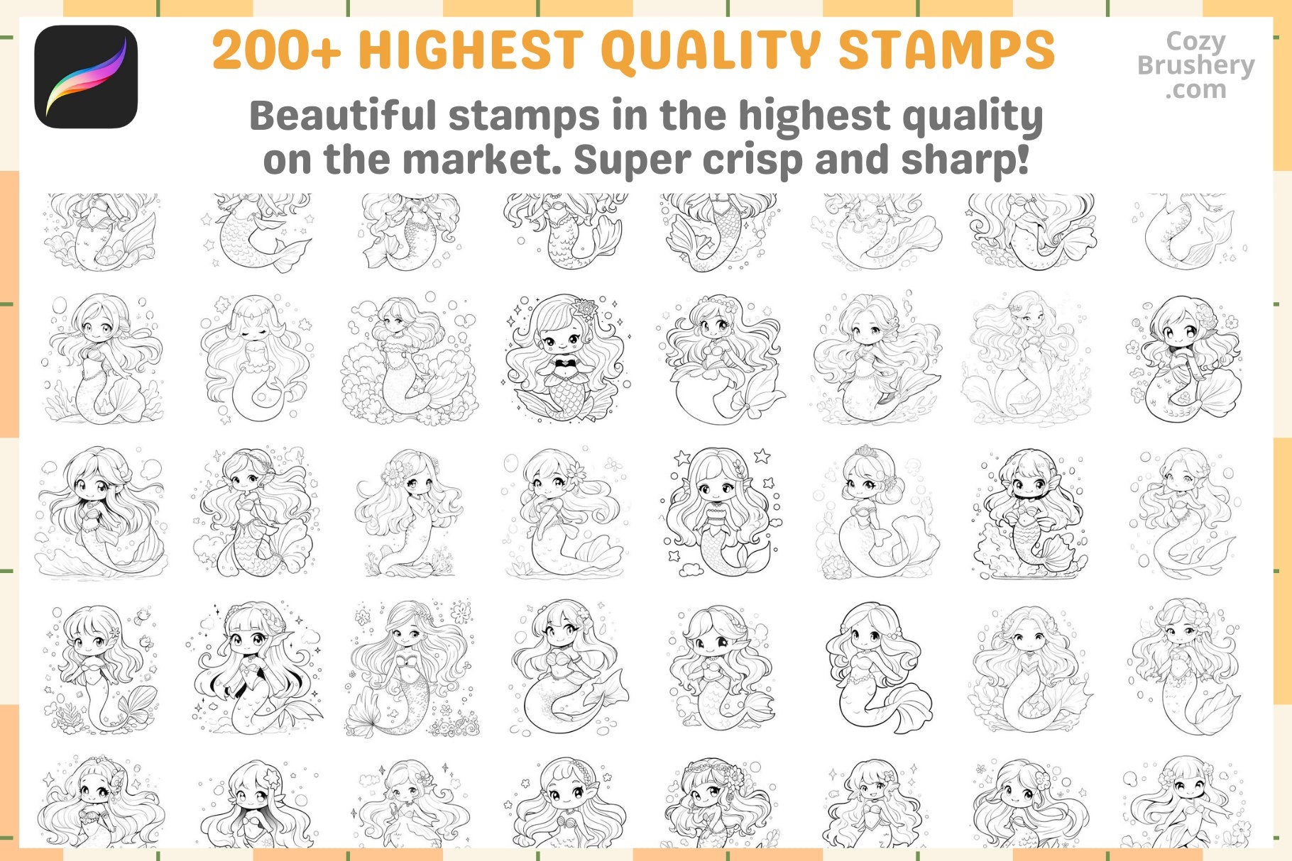 Procreate Stamps: Chibi Mermaid Magic Pack with 200+ Stamps - Cozy Brushery