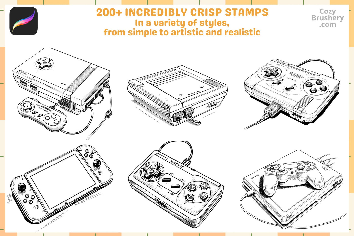 Procreate Stamps: Gamer's Haven Pack with 200+ Console Stamps - Cozy Brushery