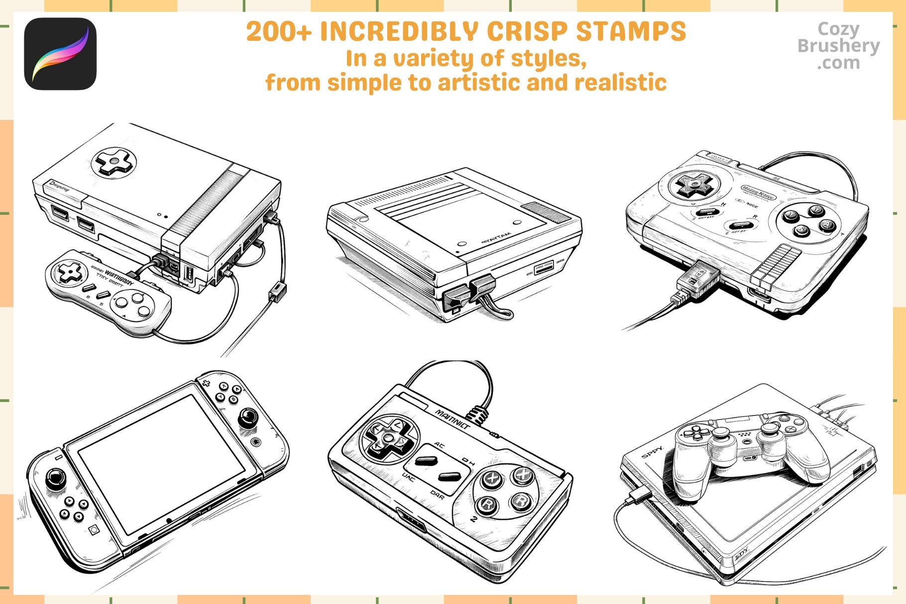 Procreate Stamps: Gamer's Haven Pack with 200+ Console Stamps - Cozy Brushery