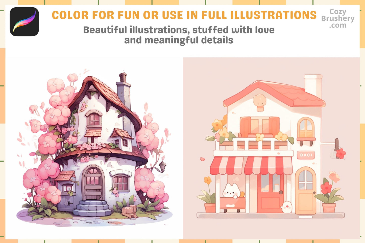 Procreate Stamps: Kawaii Cottage Collection with 200 Tiny Houses - Cozy Brushery