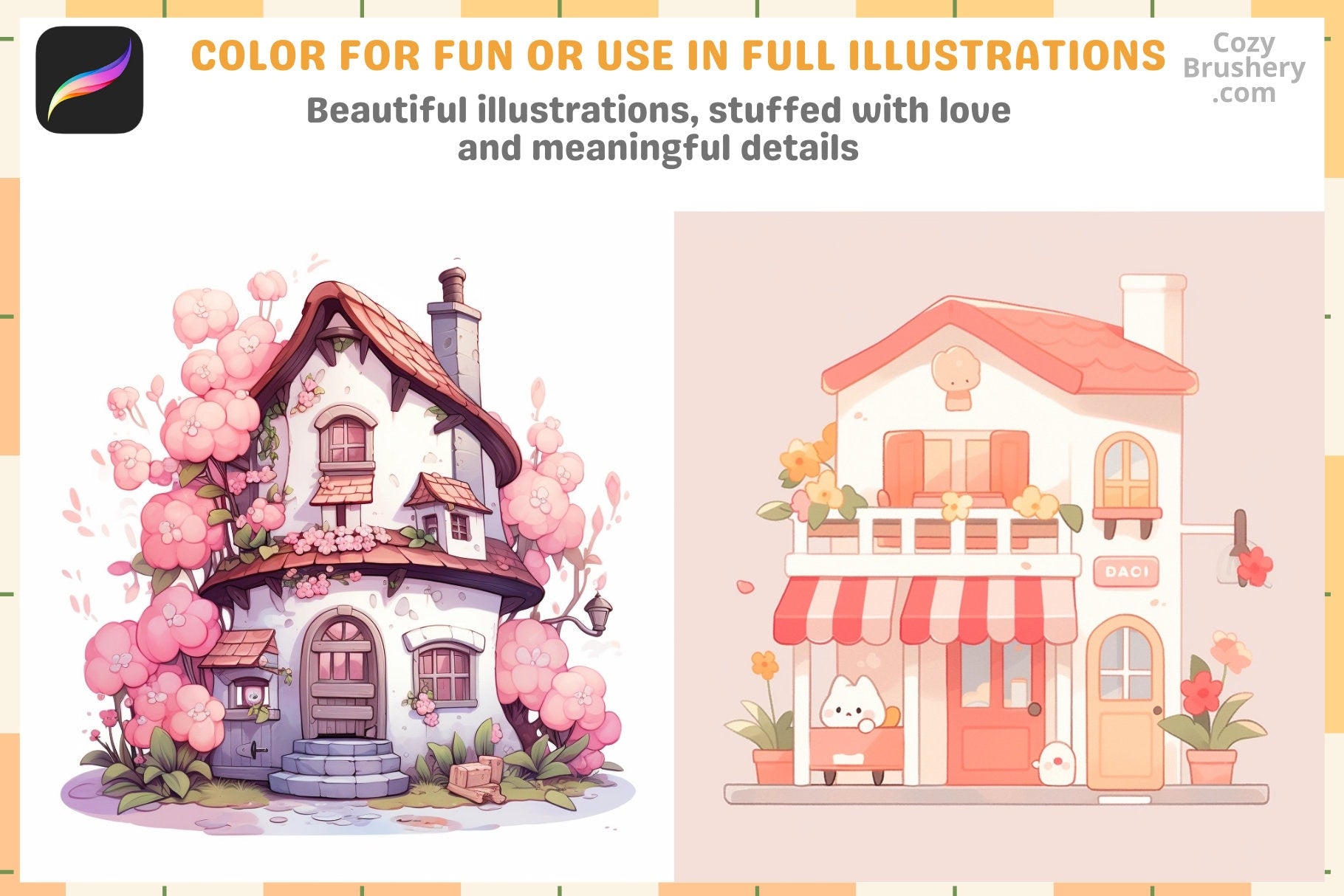 Procreate Stamps: Kawaii Cottage Collection with 200 Tiny Houses - Cozy Brushery