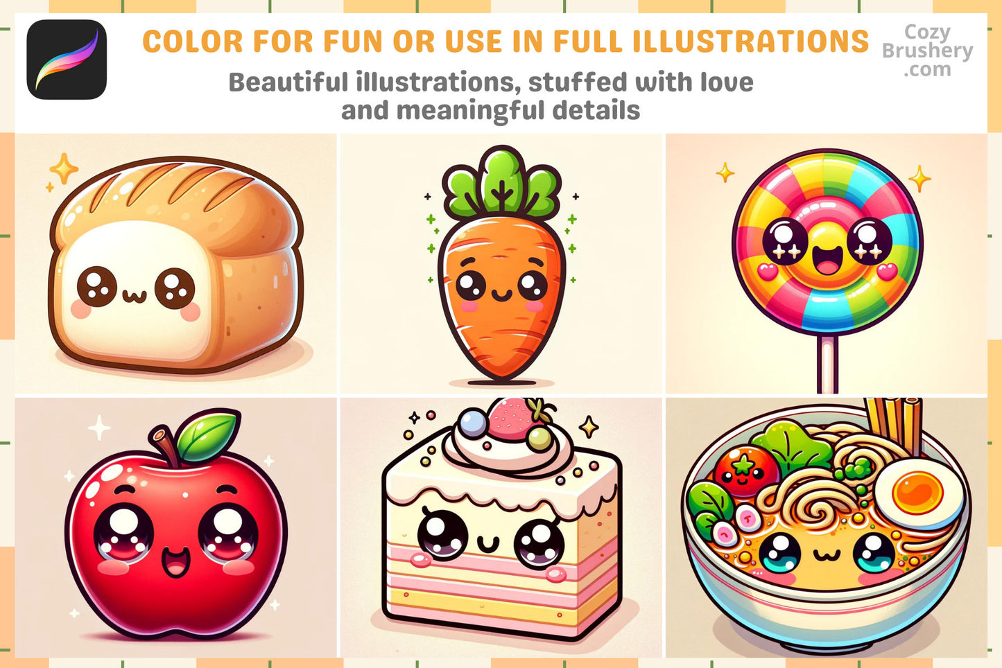 Procreate Stamps Kawaii Cuisine Pack 200 Cute Food Stamps - Cozy Brushery