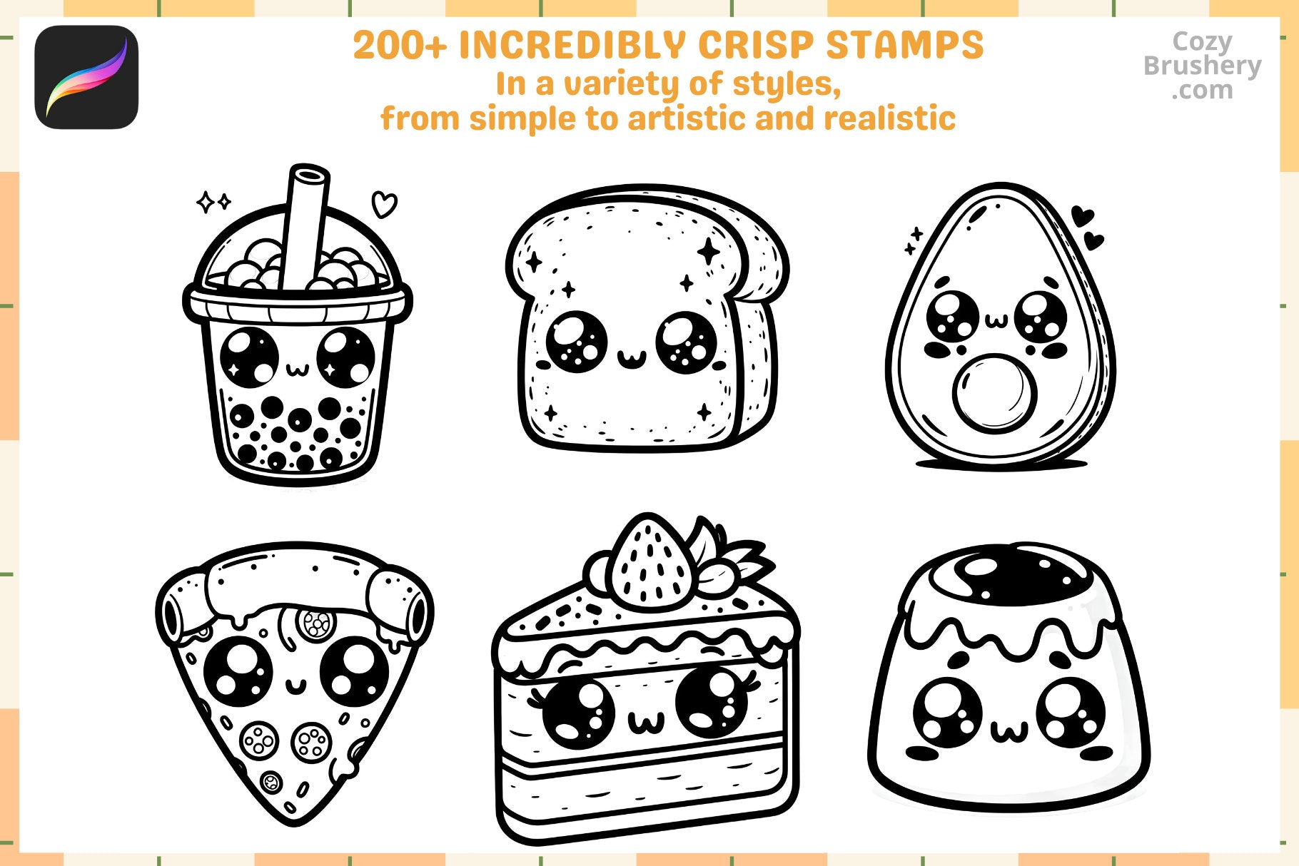 Procreate Stamps Kawaii Cuisine Pack 200 Cute Food Stamps - Cozy Brushery