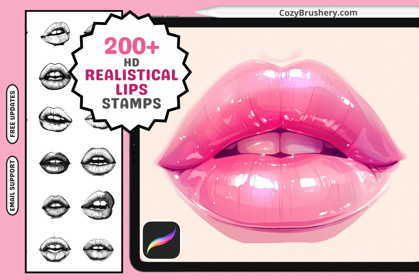 Procreate Stamps: Lip Artistry Pack with 200 Realistic Lip Stamps - Cozy Brushery