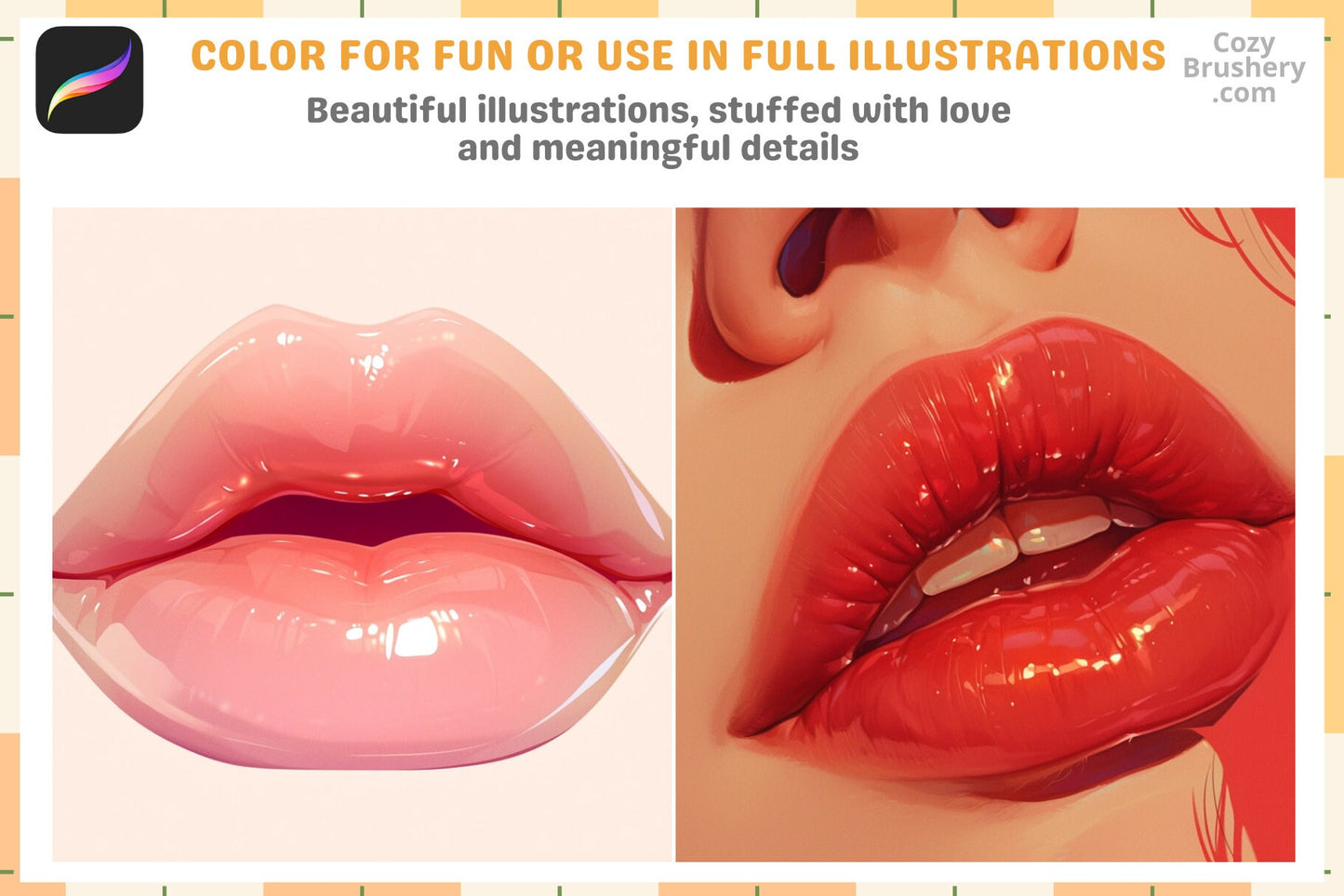 Procreate Stamps: Lip Artistry Pack with 200 Realistic Lip Stamps - Cozy Brushery