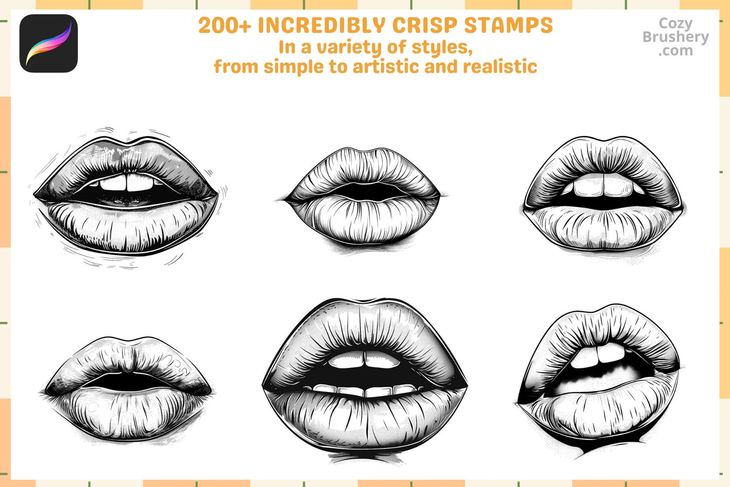 Procreate Stamps: Lip Artistry Pack with 200 Realistic Lip Stamps - Cozy Brushery