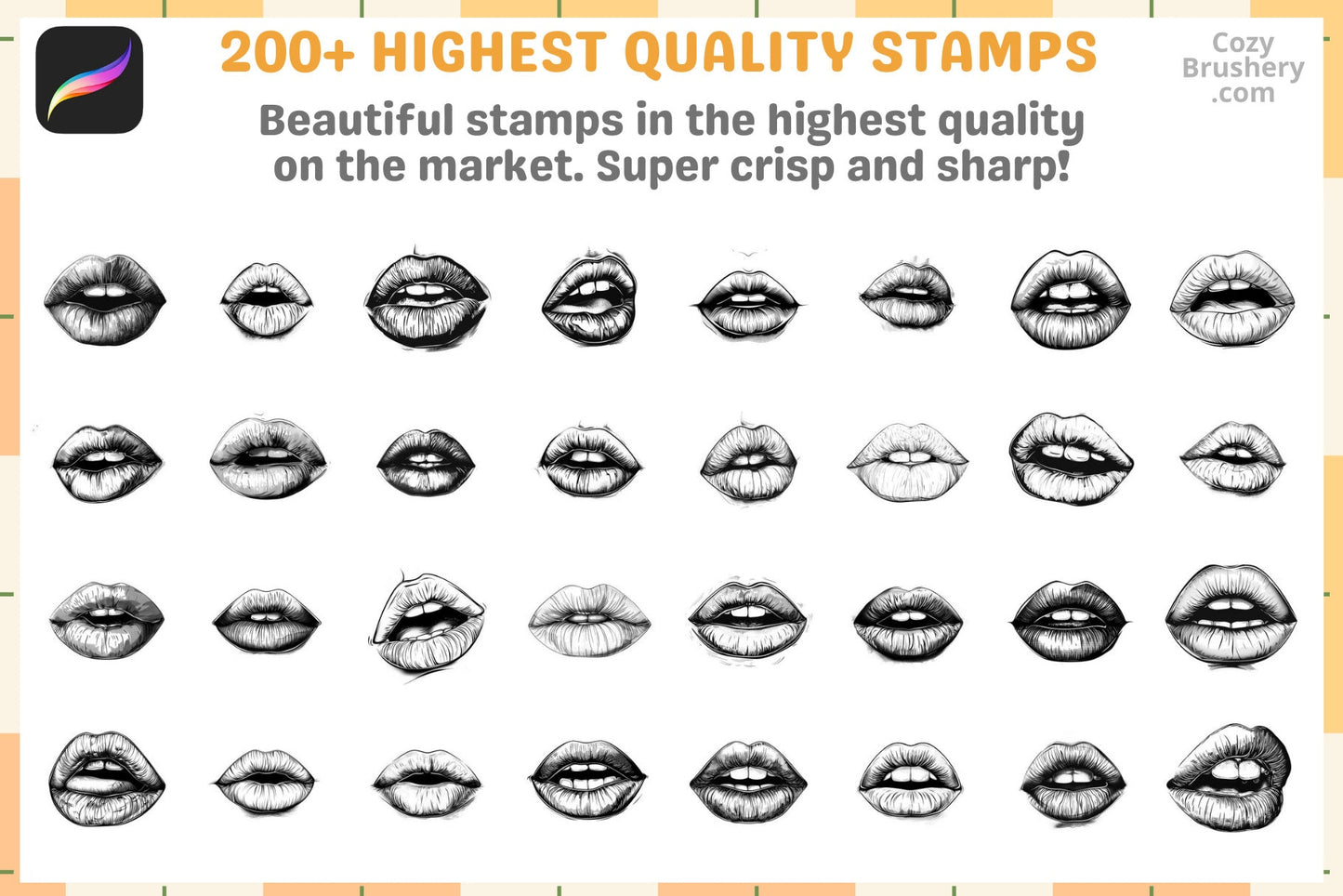 Procreate Stamps: Lip Artistry Pack with 200 Realistic Lip Stamps - Cozy Brushery