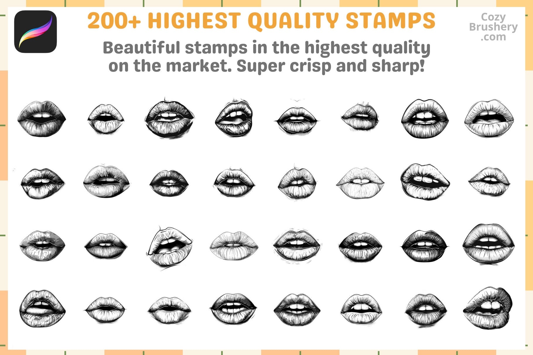 Procreate Stamps: Lip Artistry Pack with 200 Realistic Lip Stamps - Cozy Brushery