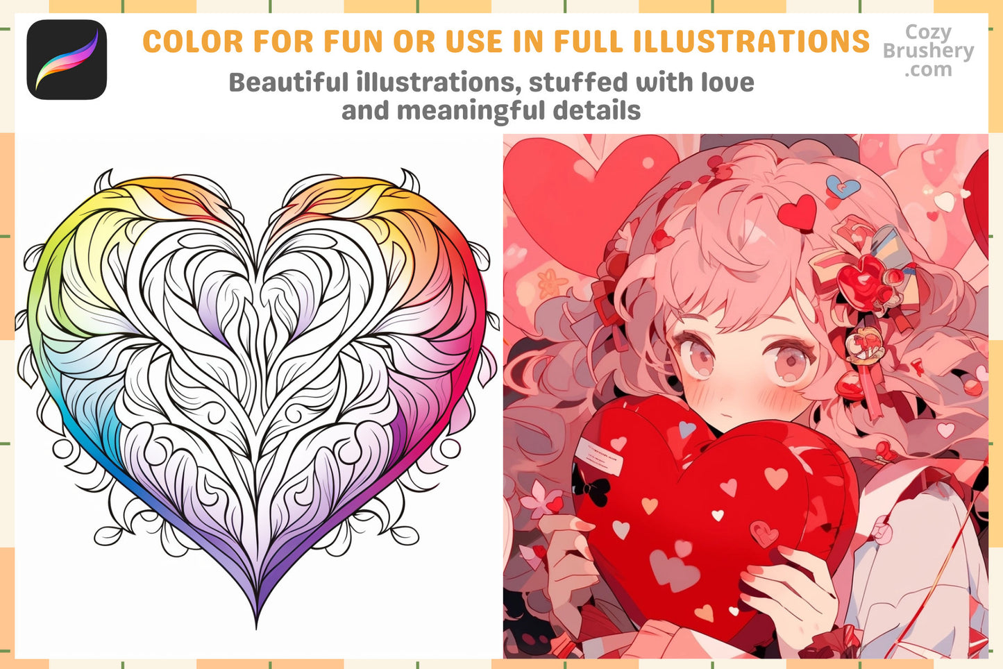 Procreate Stamps Love Lines Pack 200 Valentine's Heart Stamps - Cozy Brushery