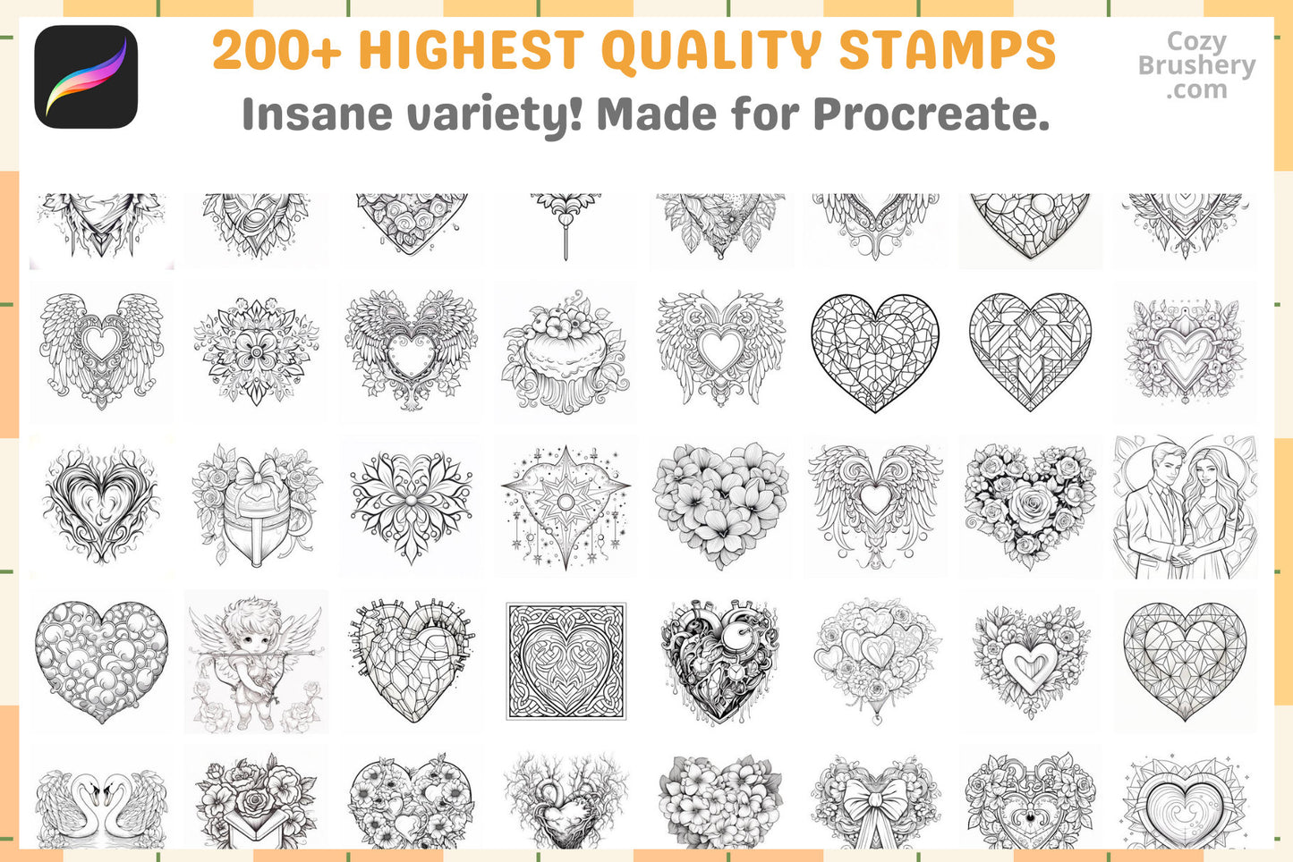 Procreate Stamps Love Lines Pack 200 Valentine's Heart Stamps - Cozy Brushery