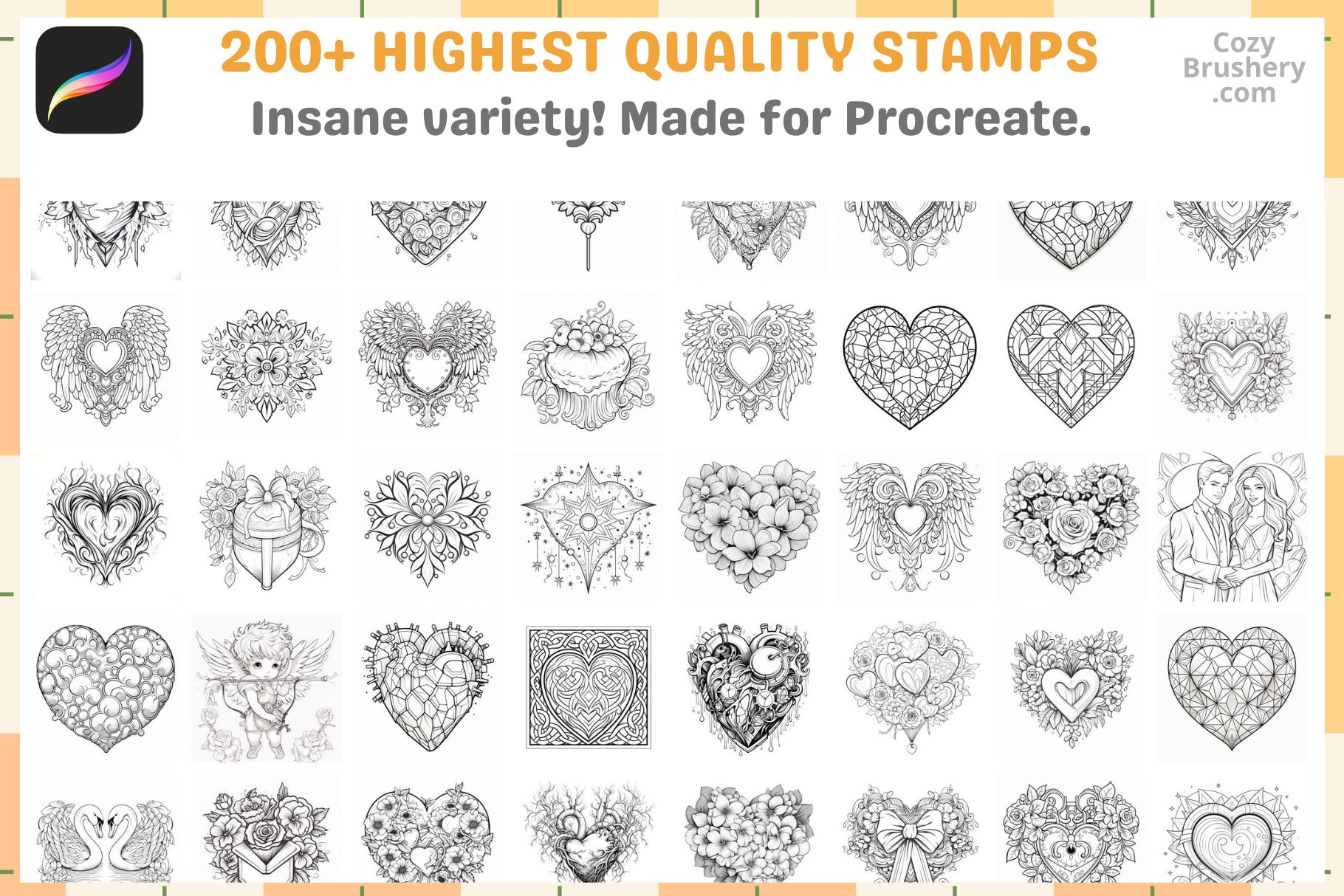 Procreate Stamps Love Lines Pack 200 Valentine's Heart Stamps - Cozy Brushery