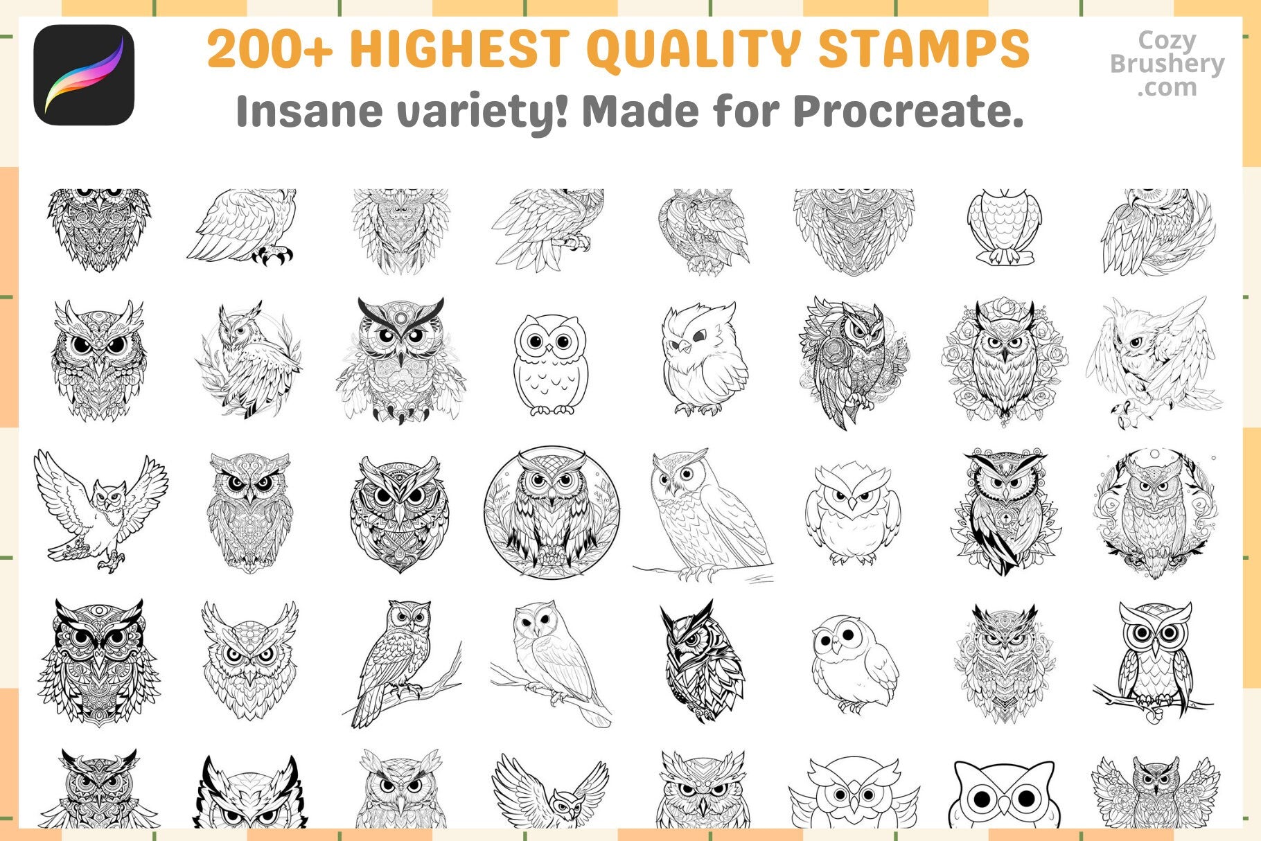 Procreate Stamps: Owl Enchantment Pack with 200+ Stamps - Cozy Brushery