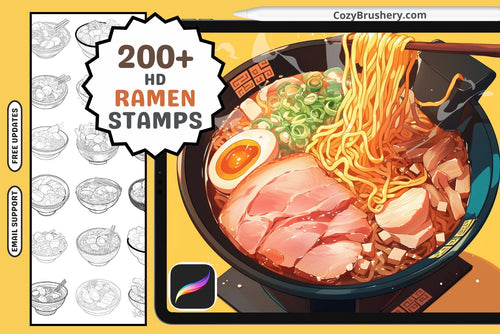 Procreate Stamps: Ramen Rapture Pack with 200 Plus Stamps - Cozy Brushery
