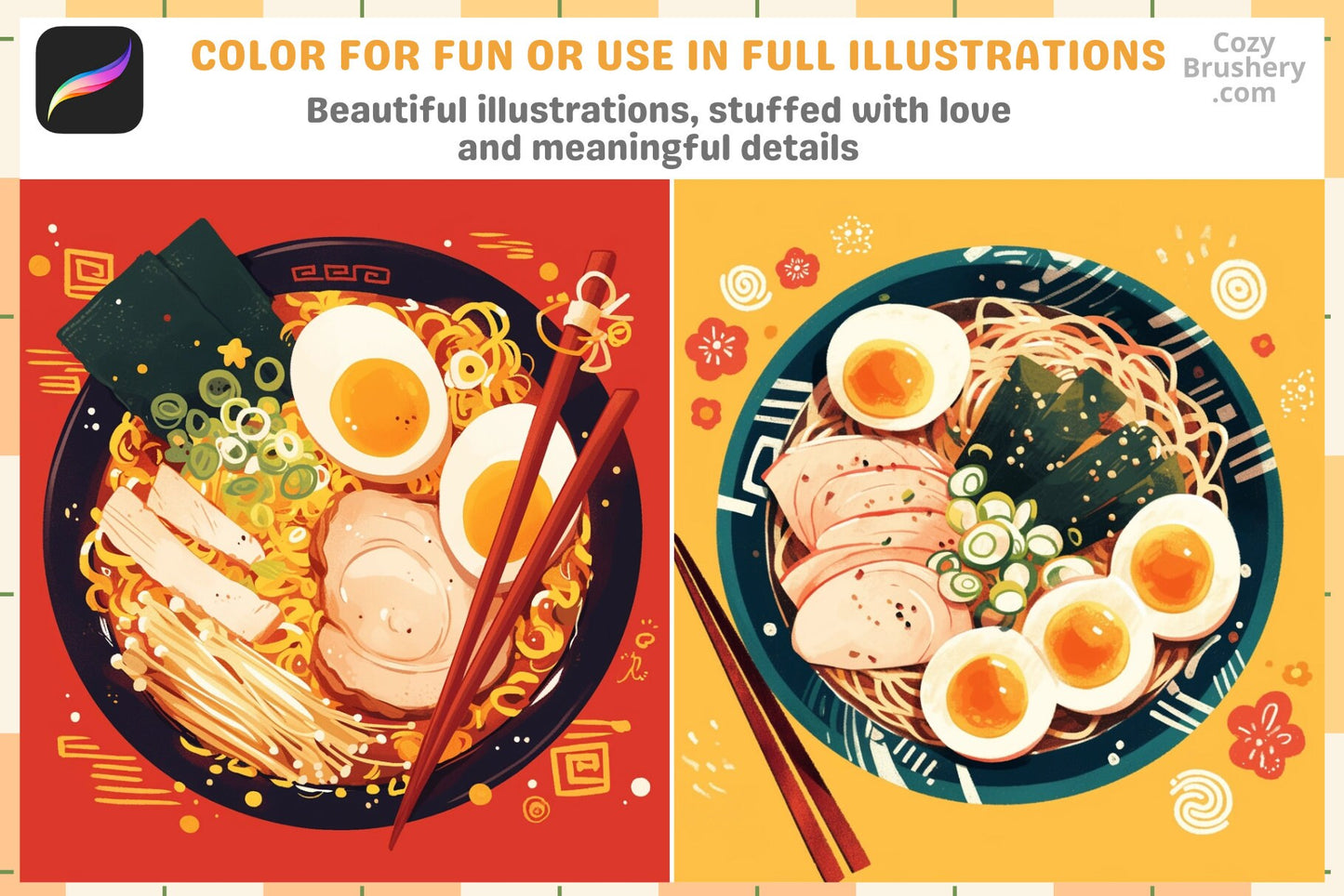 Procreate Stamps: Ramen Rapture Pack with 200 Plus Stamps - Cozy Brushery