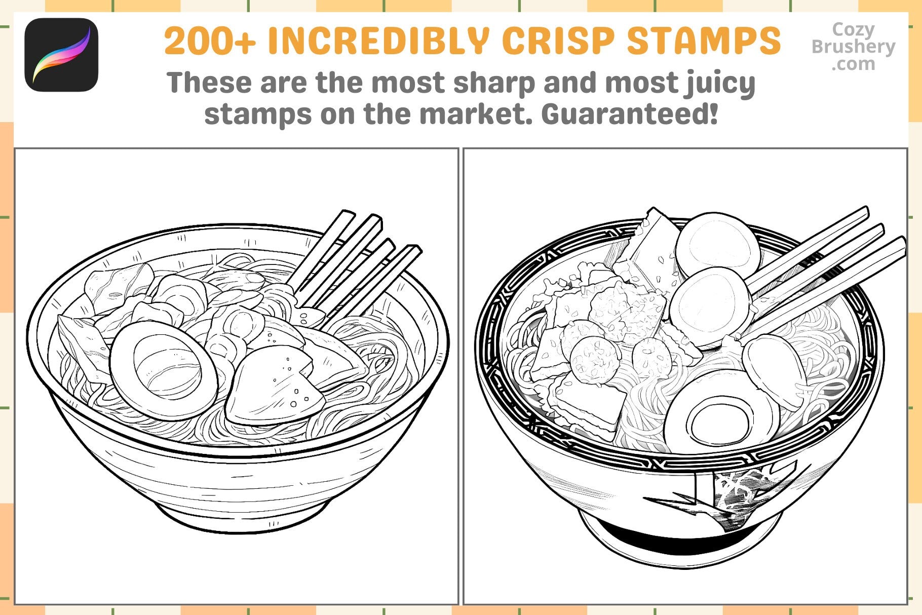 Procreate Stamps: Ramen Rapture Pack with 200 Plus Stamps - Cozy Brushery