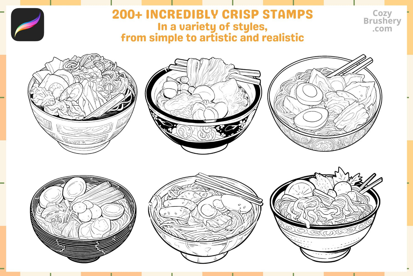 Procreate Stamps: Ramen Rapture Pack with 200 Plus Stamps - Cozy Brushery