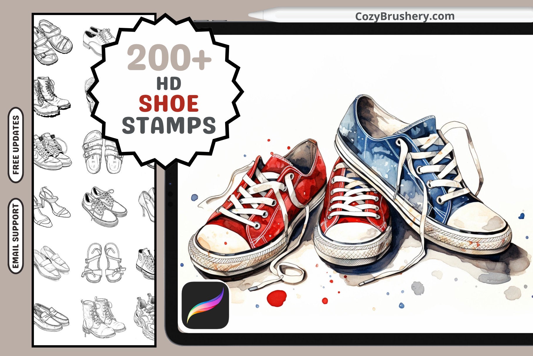 Procreate Stamps: Sneaker Studio Pack with 200 Stylish Shoe Stamps - Cozy Brushery