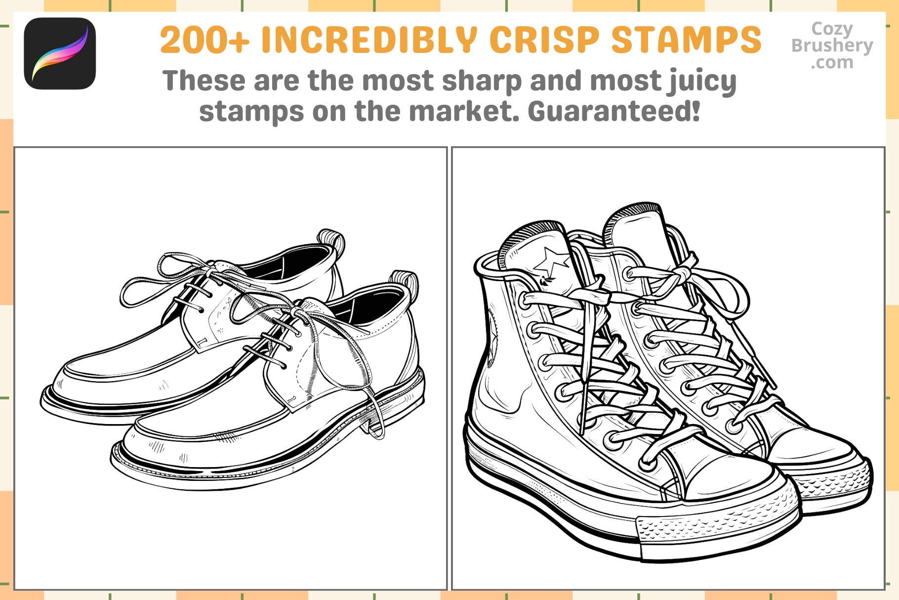 Procreate Stamps: Sneaker Studio Pack with 200 Stylish Shoe Stamps - Cozy Brushery