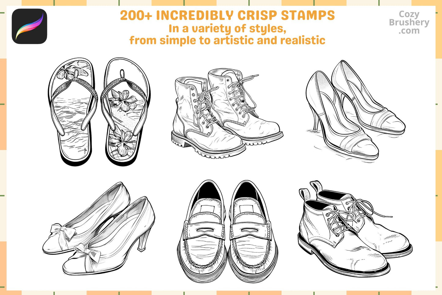 Procreate Stamps: Sneaker Studio Pack with 200 Stylish Shoe Stamps - Cozy Brushery