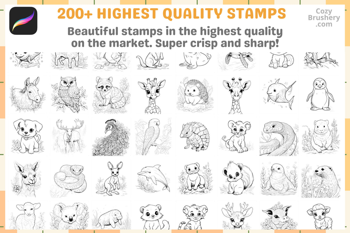 Procreate Stamps: Tiny Pals Pack with 200 Cute Animal Stamps - Cozy Brushery