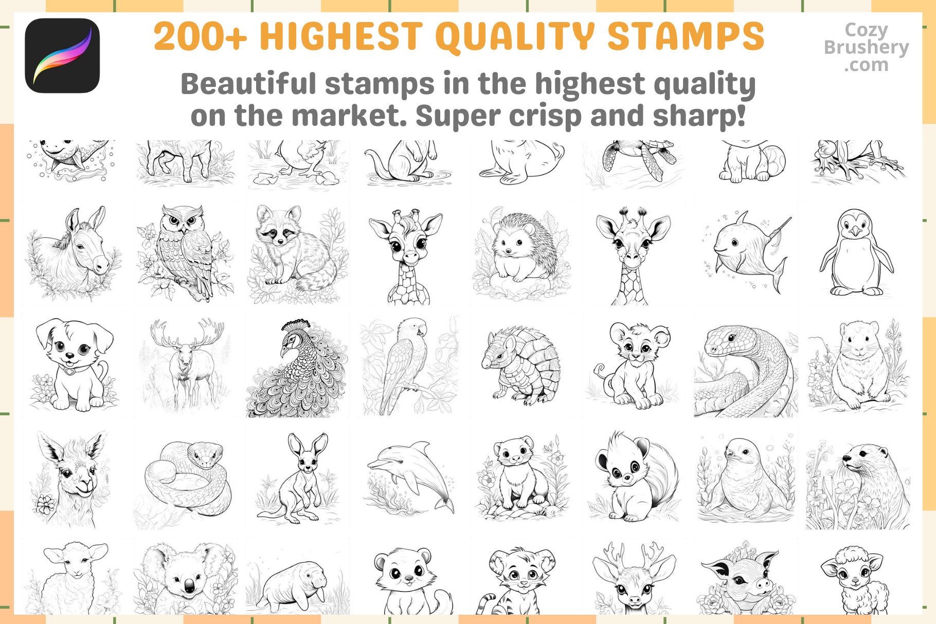 Procreate Stamps: Tiny Pals Pack with 200 Cute Animal Stamps - Cozy Brushery