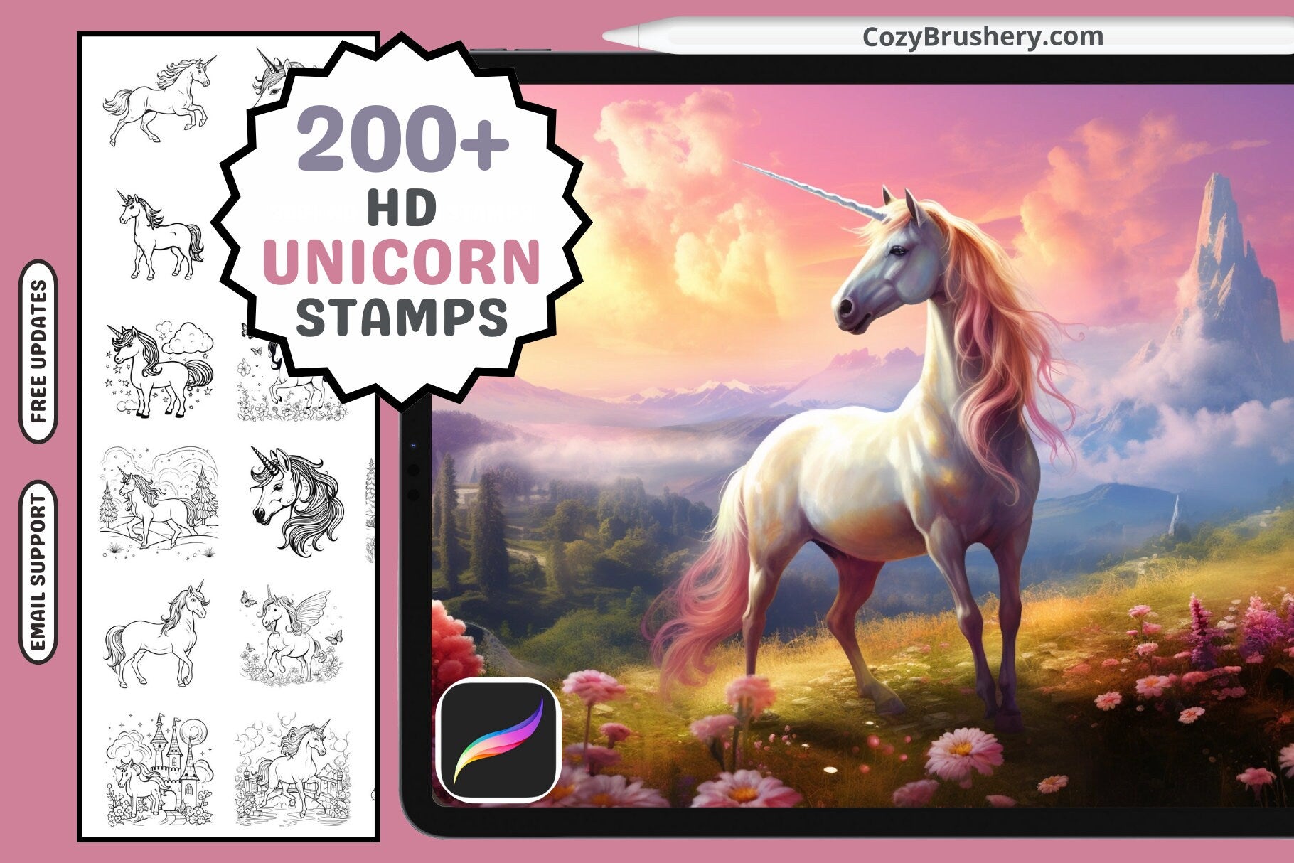 Procreate Stamps: Unicorn Fantasy Pack 200+ Stamps Set - Cozy Brushery