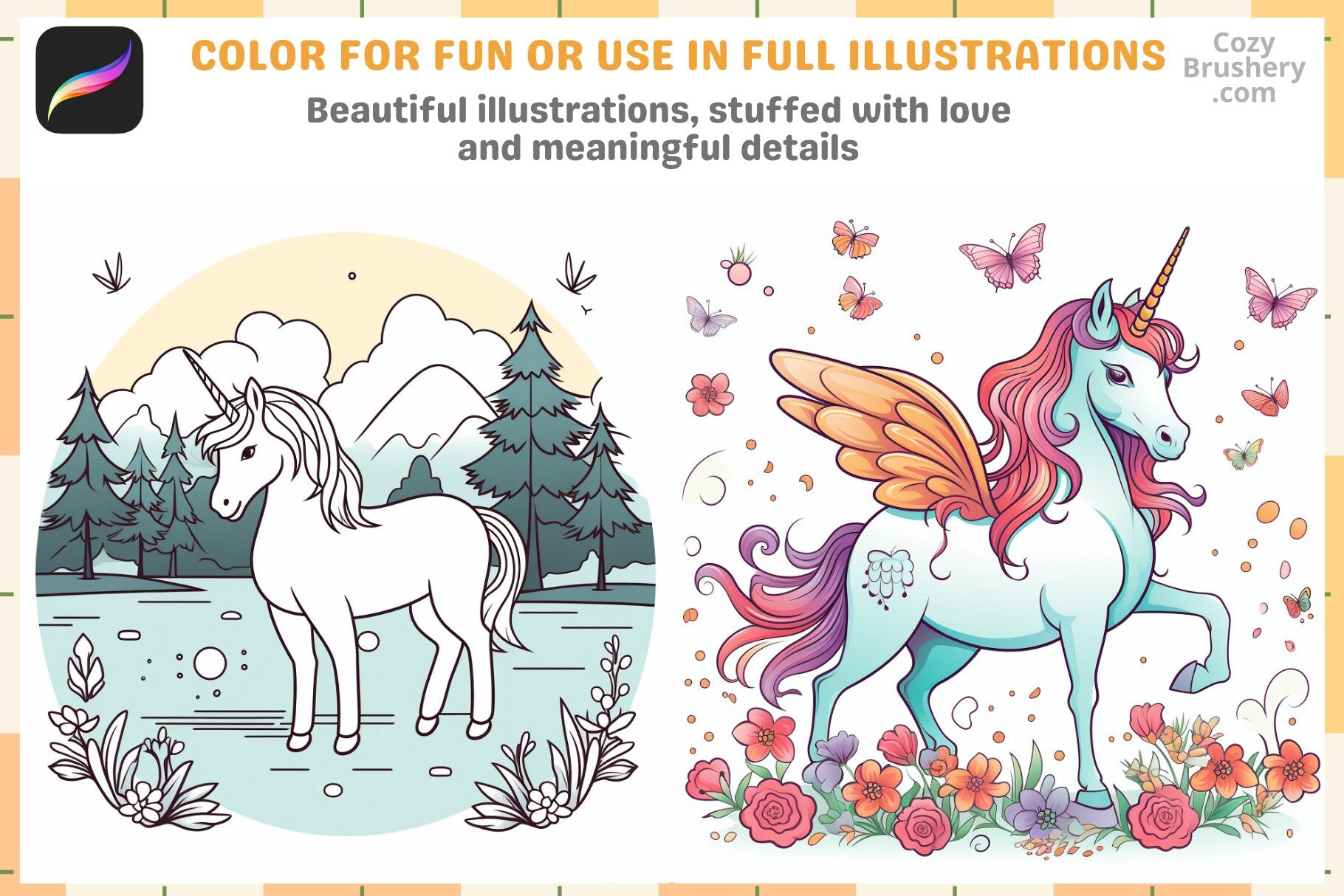 Procreate Stamps: Unicorn Fantasy Pack 200+ Stamps Set - Cozy Brushery