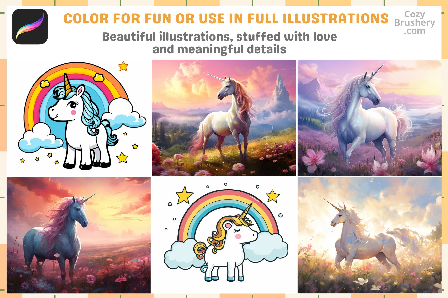 Procreate Stamps: Unicorn Fantasy Pack 200+ Stamps Set - Cozy Brushery