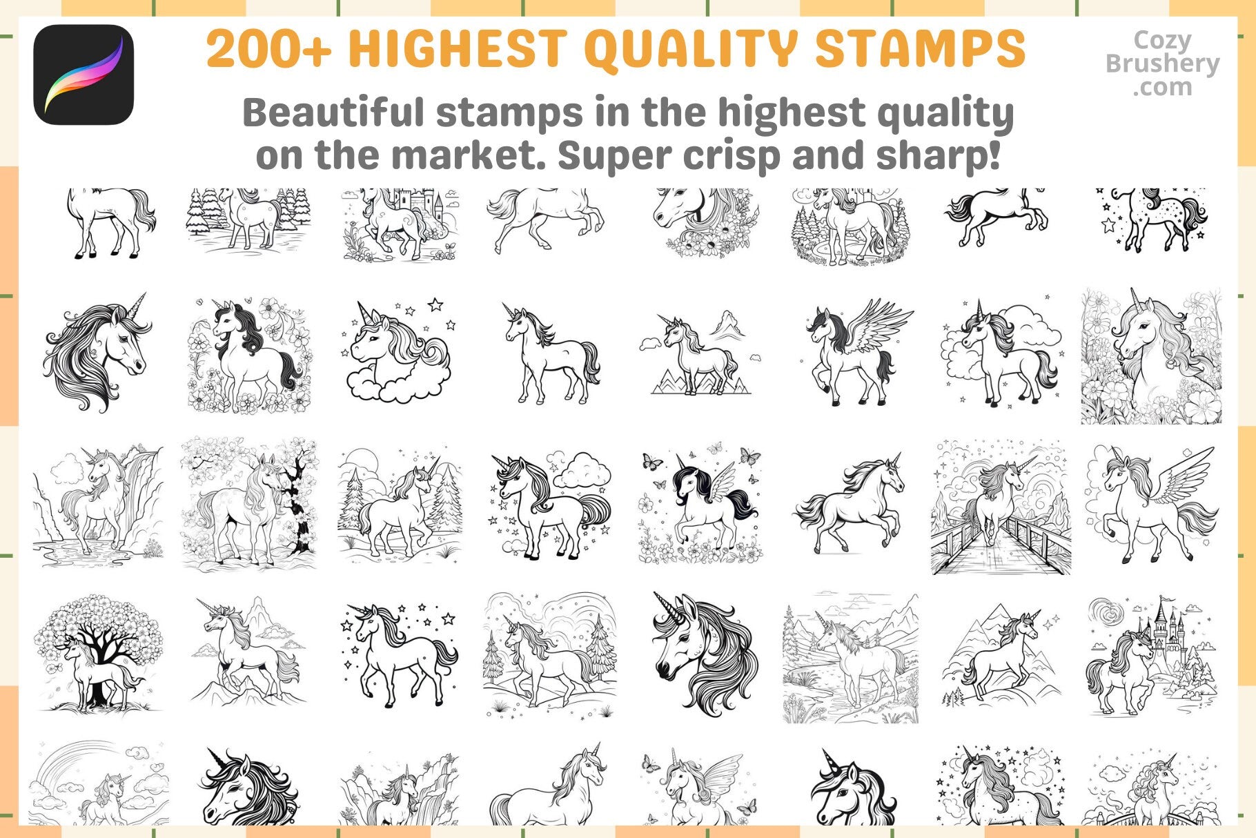 Procreate Stamps: Unicorn Fantasy Pack 200+ Stamps Set - Cozy Brushery
