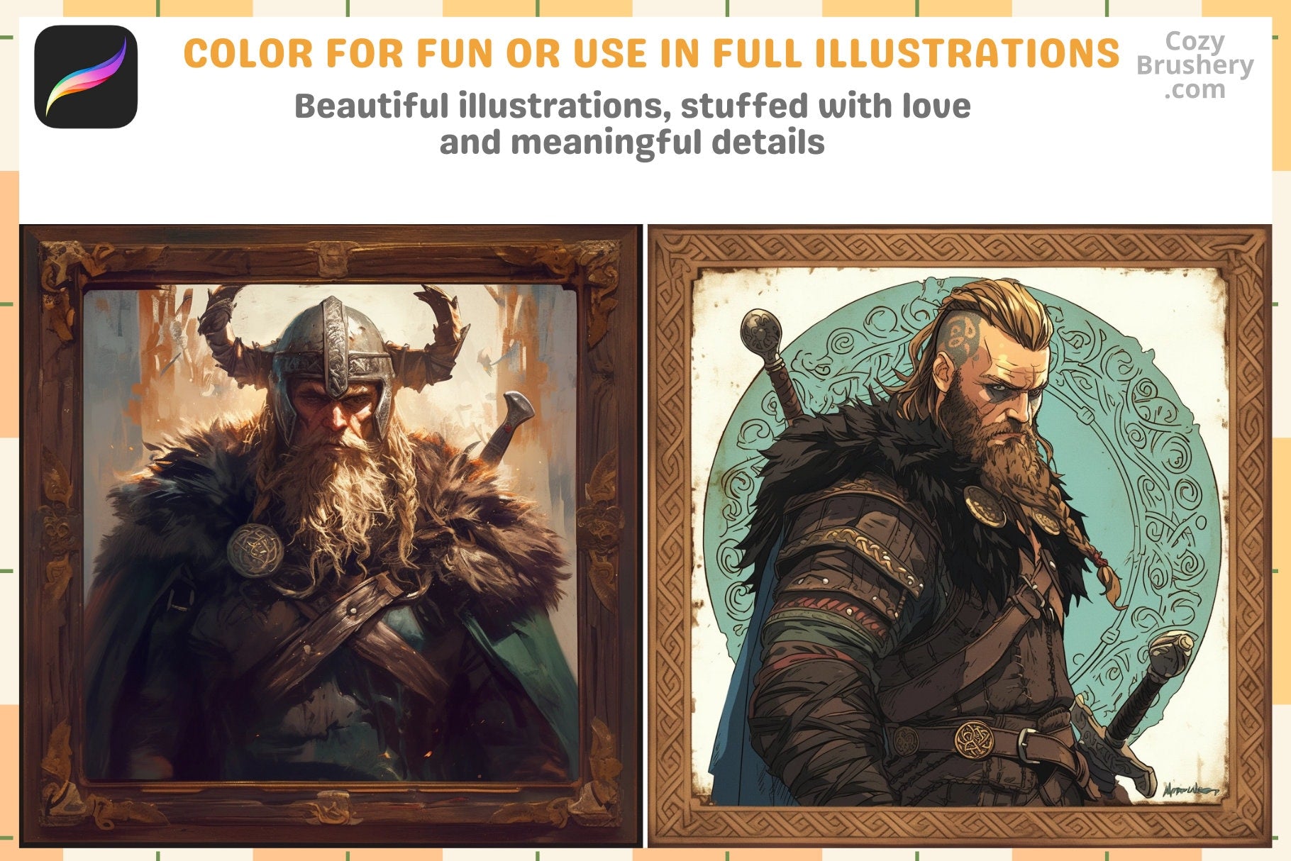 Procreate Stamps: Viking Saga Pack with 200 Profile Stamps - Cozy Brushery