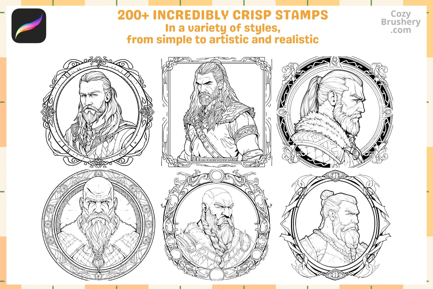 Procreate Stamps: Viking Saga Pack with 200 Profile Stamps - Cozy Brushery